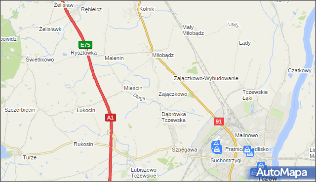 mapa Zajączkowo gmina Tczew, Zajączkowo gmina Tczew na mapie Targeo