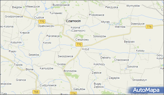 mapa Krzyż gmina Czarnocin, Krzyż gmina Czarnocin na mapie Targeo