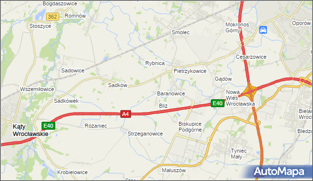 mapa Baranowice gmina Kąty Wrocławskie, Baranowice gmina Kąty Wrocławskie na mapie Targeo