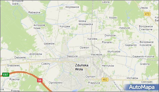 mapa Opiesin gmina Zduńska Wola, Opiesin gmina Zduńska Wola na mapie Targeo