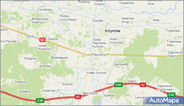mapa Paprotnia gmina Krzymów, Paprotnia gmina Krzymów na mapie Targeo