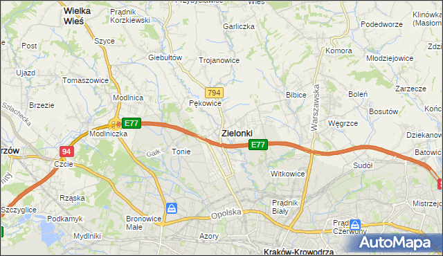 mapa Zielonki powiat krakowski, Zielonki powiat krakowski na mapie Targeo