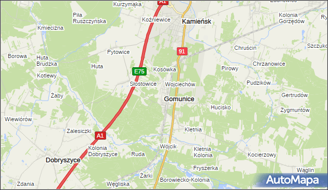 mapa Gomunice, Gomunice na mapie Targeo