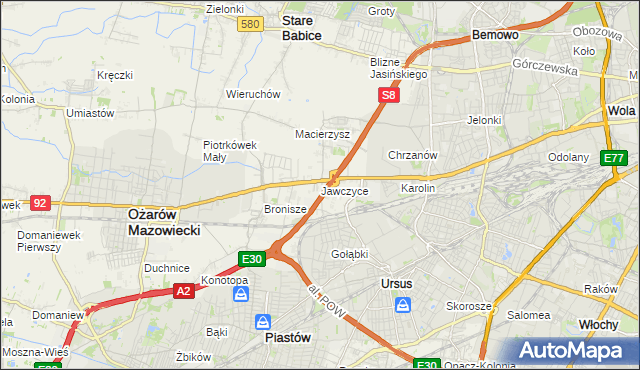 mapa Jawczyce gmina Ożarów Mazowiecki, Jawczyce gmina Ożarów Mazowiecki na mapie Targeo