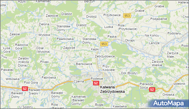 mapa Zebrzydowice gmina Kalwaria Zebrzydowska, Zebrzydowice gmina Kalwaria Zebrzydowska na mapie Targeo