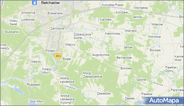 mapa Augustynów gmina Bełchatów, Augustynów gmina Bełchatów na mapie Targeo