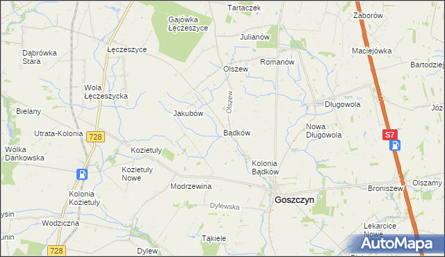 mapa Bądków gmina Goszczyn, Bądków gmina Goszczyn na mapie Targeo