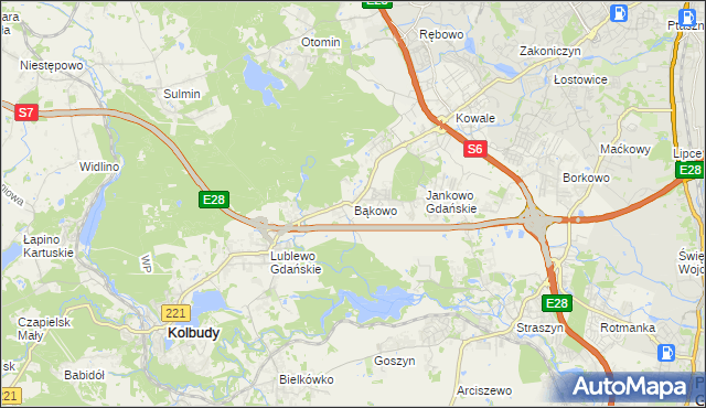 mapa Bąkowo gmina Kolbudy, Bąkowo gmina Kolbudy na mapie Targeo