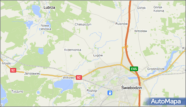 mapa Ługów gmina Świebodzin, Ługów gmina Świebodzin na mapie Targeo