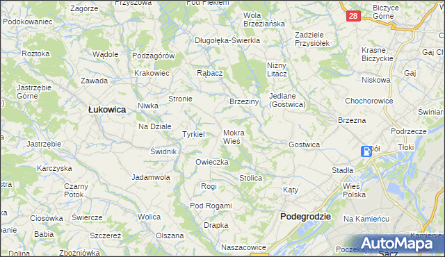 mapa Mokra Wieś gmina Podegrodzie, Mokra Wieś gmina Podegrodzie na mapie Targeo