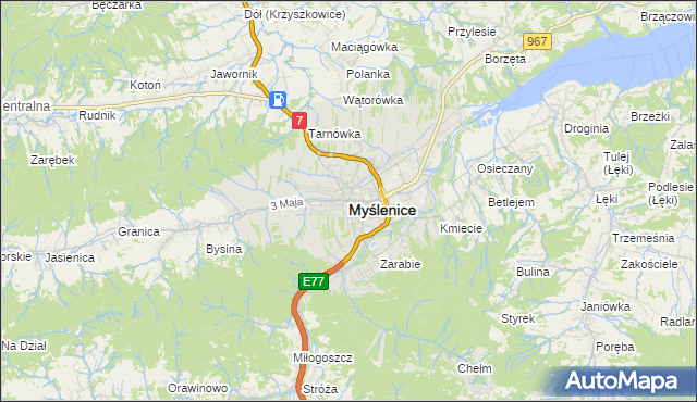 mapa Myślenice, Myślenice na mapie Targeo