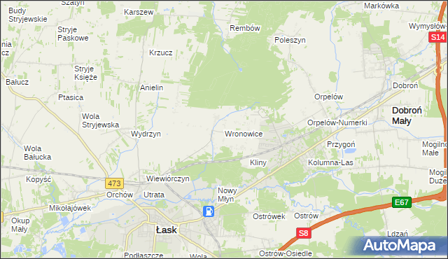 mapa Wronowice gmina Łask, Wronowice gmina Łask na mapie Targeo