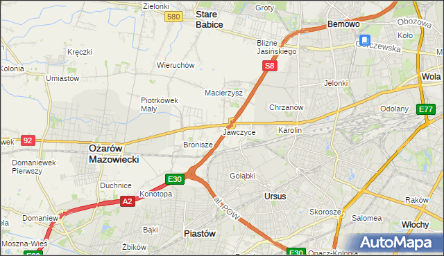 mapa Jawczyce gmina Ożarów Mazowiecki, Jawczyce gmina Ożarów Mazowiecki na mapie Targeo