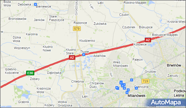 mapa Adamów gmina Grodzisk Mazowiecki, Adamów gmina Grodzisk Mazowiecki na mapie Targeo