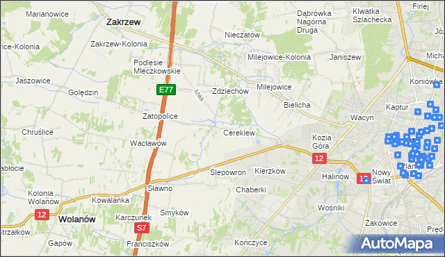 mapa Cerekiew gmina Zakrzew, Cerekiew gmina Zakrzew na mapie Targeo