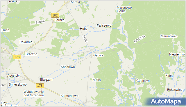 mapa Gębice gmina Czarnków, Gębice gmina Czarnków na mapie Targeo