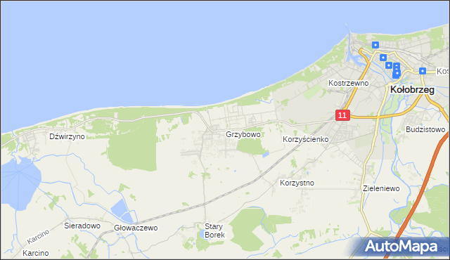 mapa Grzybowo gmina Kołobrzeg, Grzybowo gmina Kołobrzeg na mapie Targeo
