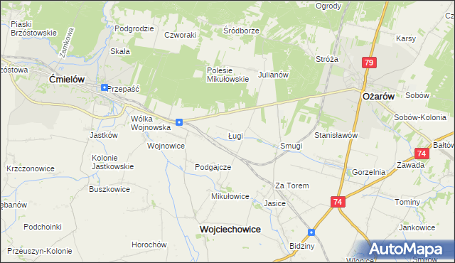 mapa Ługi gmina Wojciechowice, Ługi gmina Wojciechowice na mapie Targeo