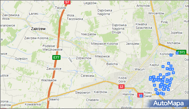mapa Milejowice gmina Zakrzew, Milejowice gmina Zakrzew na mapie Targeo