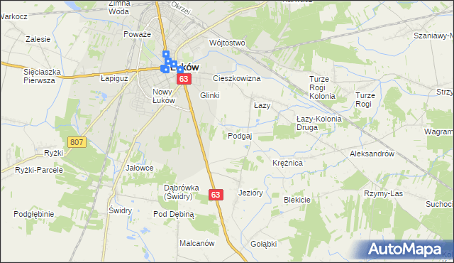 mapa Podgaj gmina Łuków, Podgaj gmina Łuków na mapie Targeo