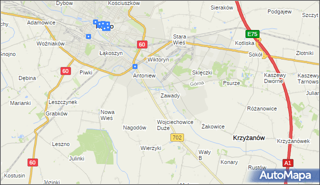 mapa Zawady gmina Krzyżanów, Zawady gmina Krzyżanów na mapie Targeo