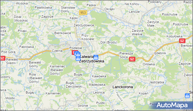 mapa Brody gmina Kalwaria Zebrzydowska, Brody gmina Kalwaria Zebrzydowska na mapie Targeo