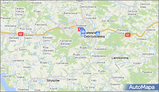 mapa Bugaj gmina Kalwaria Zebrzydowska, Bugaj gmina Kalwaria Zebrzydowska na mapie Targeo