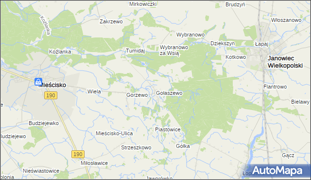 mapa Gołaszewo gmina Mieścisko, Gołaszewo gmina Mieścisko na mapie Targeo