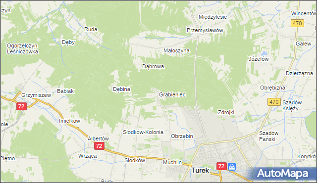 mapa Grabieniec gmina Turek, Grabieniec gmina Turek na mapie Targeo