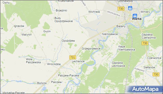 mapa Grzegorzewice gmina Warka, Grzegorzewice gmina Warka na mapie Targeo