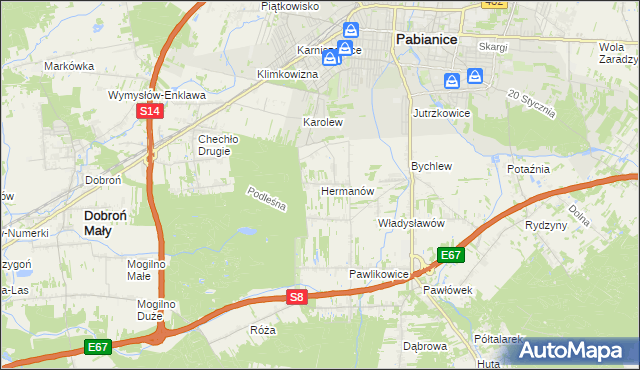 mapa Hermanów gmina Pabianice, Hermanów gmina Pabianice na mapie Targeo