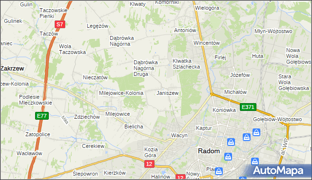 mapa Janiszew gmina Zakrzew, Janiszew gmina Zakrzew na mapie Targeo
