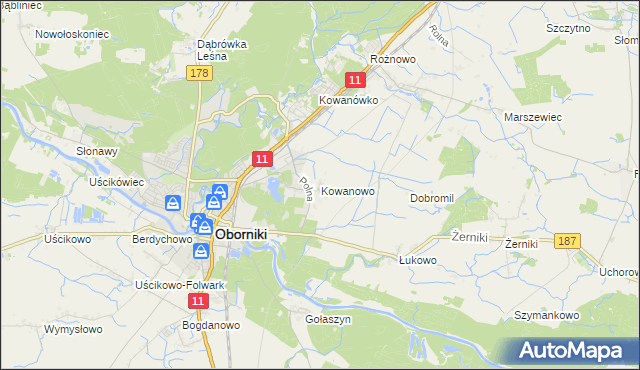 mapa Kowanowo gmina Oborniki, Kowanowo gmina Oborniki na mapie Targeo