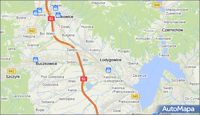 mapa Łodygowice powiat żywiecki, Łodygowice powiat żywiecki na mapie Targeo