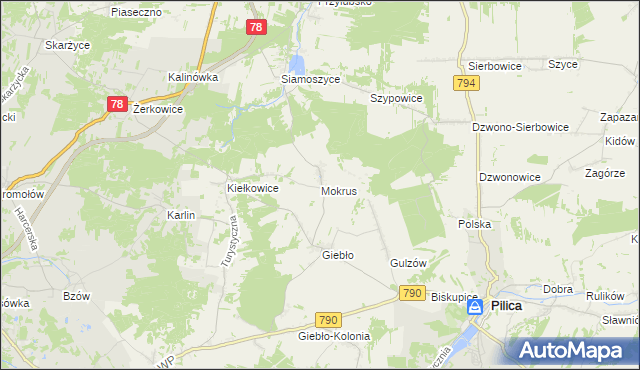 mapa Mokrus gmina Ogrodzieniec, Mokrus gmina Ogrodzieniec na mapie Targeo