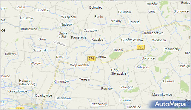 mapa Ostrów gmina Proszowice, Ostrów gmina Proszowice na mapie Targeo