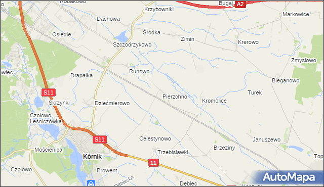 mapa Pierzchno gmina Kórnik, Pierzchno gmina Kórnik na mapie Targeo