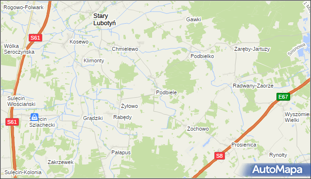 mapa Podbiele gmina Stary Lubotyń, Podbiele gmina Stary Lubotyń na mapie Targeo