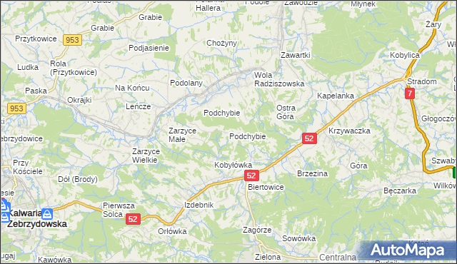 mapa Podchybie gmina Lanckorona, Podchybie gmina Lanckorona na mapie Targeo