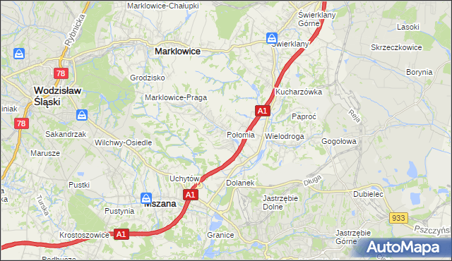 mapa Połomia gmina Mszana, Połomia gmina Mszana na mapie Targeo