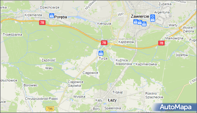 mapa Turza gmina Łazy, Turza gmina Łazy na mapie Targeo