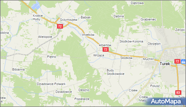 mapa Wrząca gmina Turek, Wrząca gmina Turek na mapie Targeo