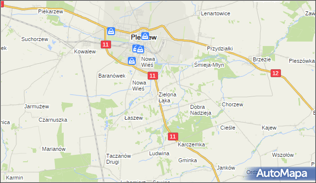 mapa Zielona Łąka gmina Pleszew, Zielona Łąka gmina Pleszew na mapie Targeo