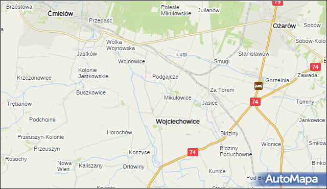 mapa Mikułowice gmina Wojciechowice, Mikułowice gmina Wojciechowice na mapie Targeo