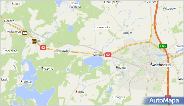 mapa Wilkowo gmina Świebodzin, Wilkowo gmina Świebodzin na mapie Targeo