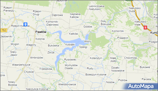 mapa Szeligi gmina Pawłów, Szeligi gmina Pawłów na mapie Targeo