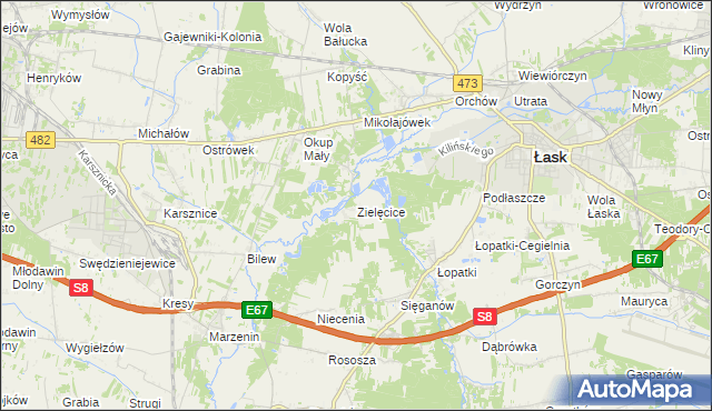 mapa Zielęcice gmina Łask, Zielęcice gmina Łask na mapie Targeo