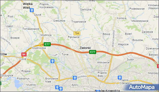 mapa Zielonki powiat krakowski, Zielonki powiat krakowski na mapie Targeo