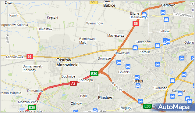 mapa Bronisze gmina Ożarów Mazowiecki, Bronisze gmina Ożarów Mazowiecki na mapie Targeo