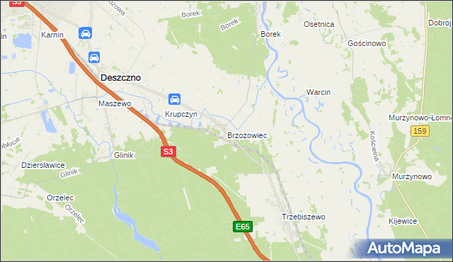 mapa Brzozowiec gmina Deszczno, Brzozowiec gmina Deszczno na mapie Targeo